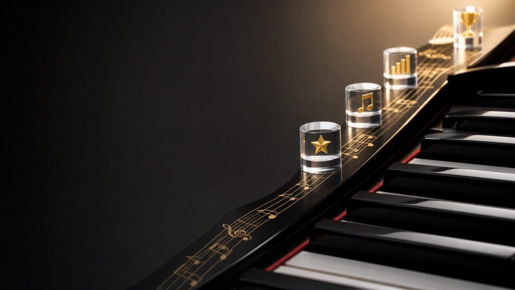Piano keyboard with glowing milestone markers symbolizing structured lesson progress