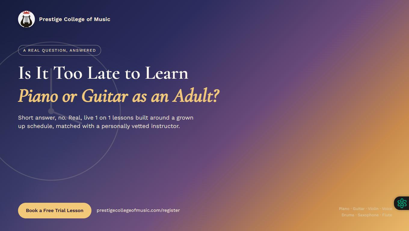 Graphic asking is it too late to learn piano or guitar as an adult, Prestige College of Music