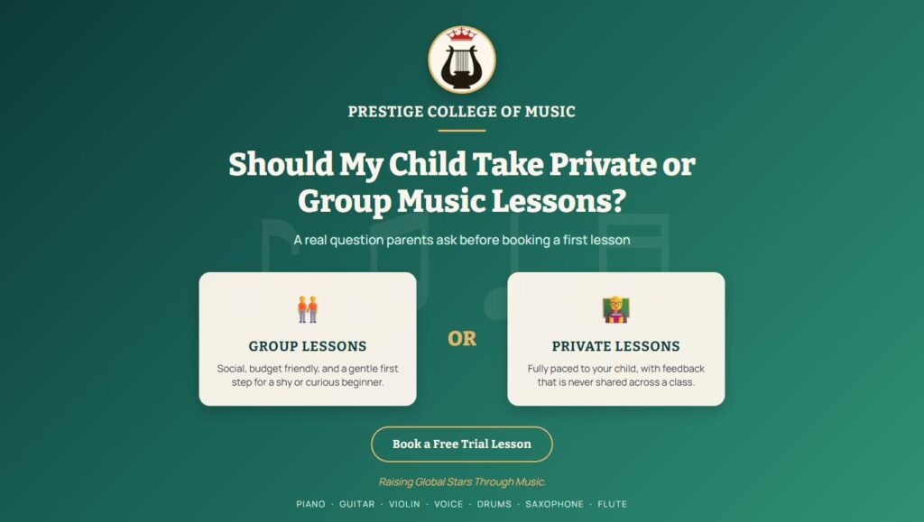 Graphic comparing group and private online music lessons for kids with Prestige logo