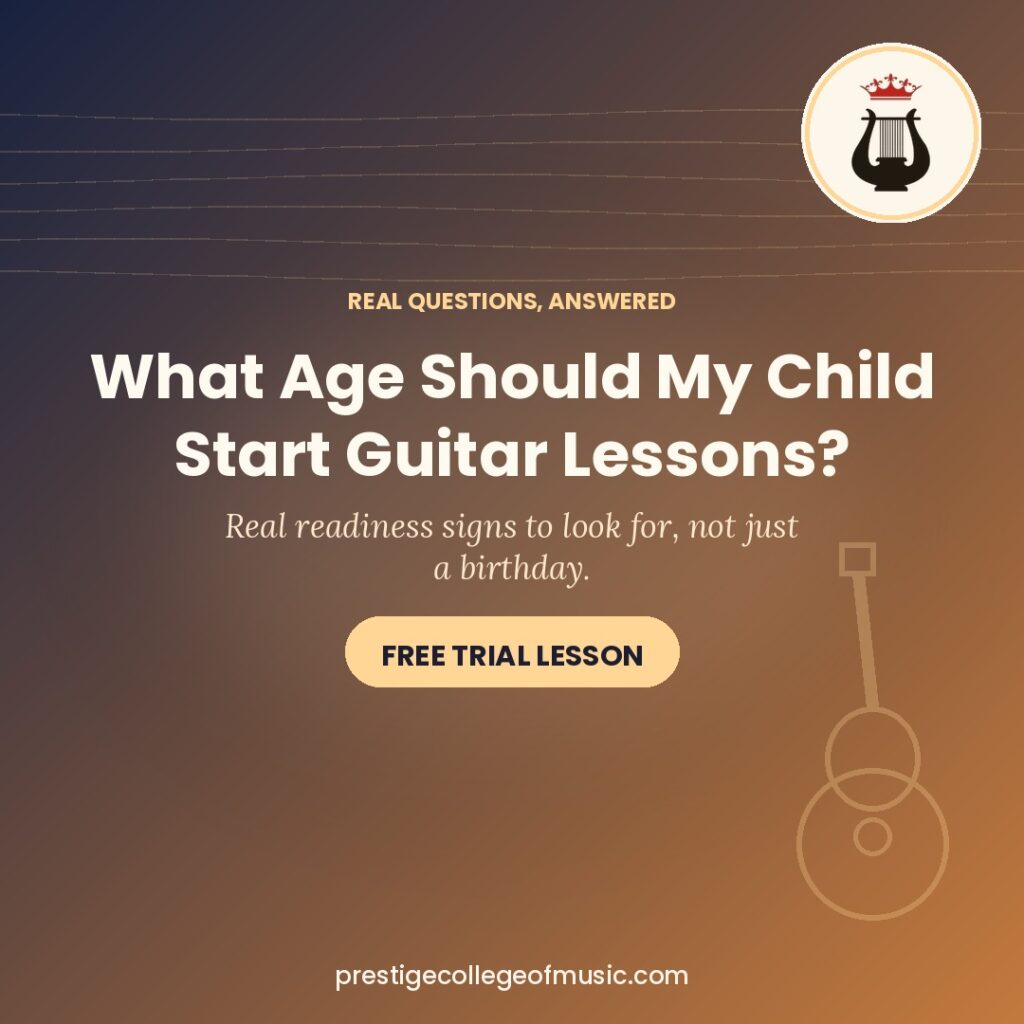 Warm indigo to copper graphic with the Prestige College of Music crown and lyre logo asking what age a child should start guitar lessons