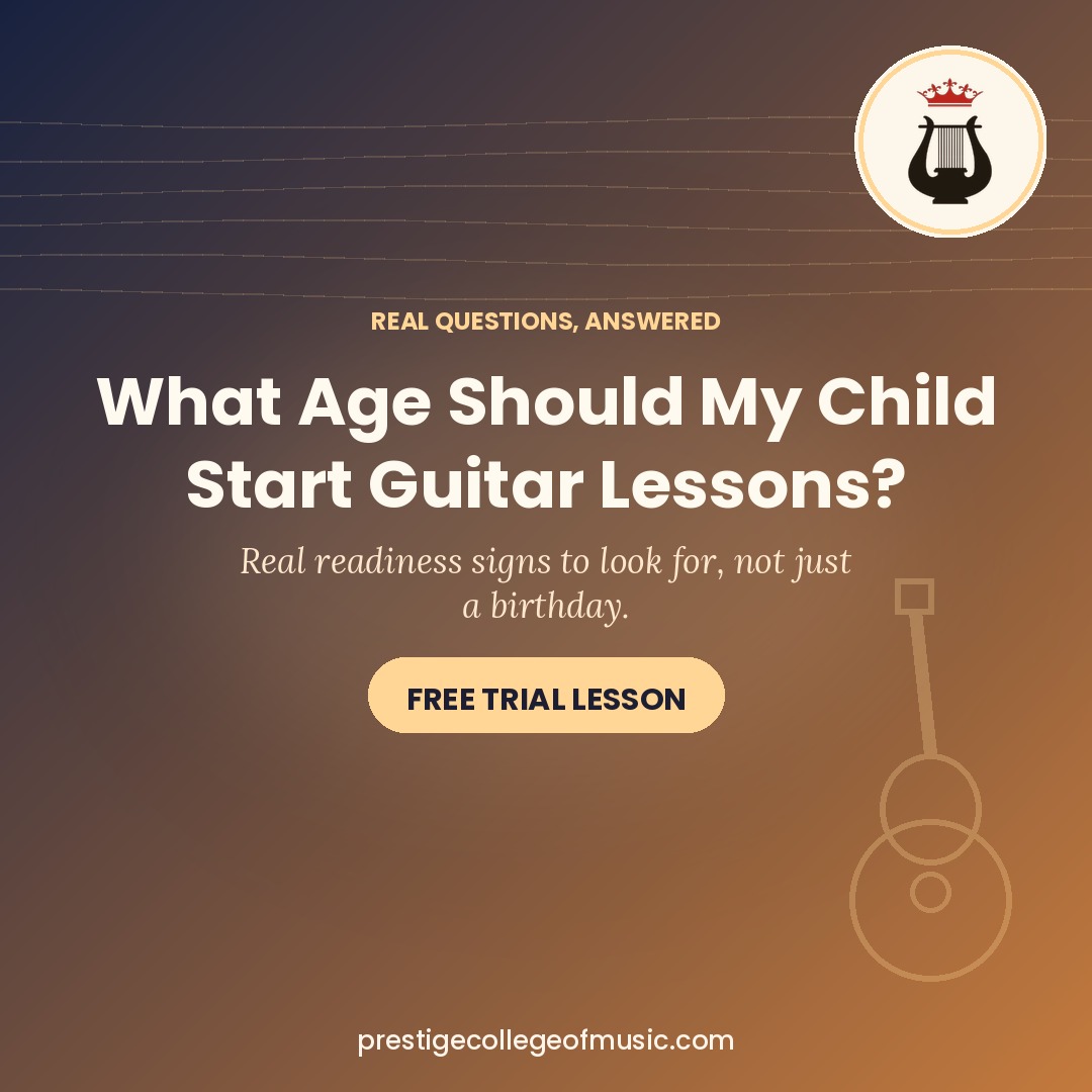Warm indigo to copper graphic with the Prestige College of Music crown and lyre logo asking what age a child should start guitar lessons