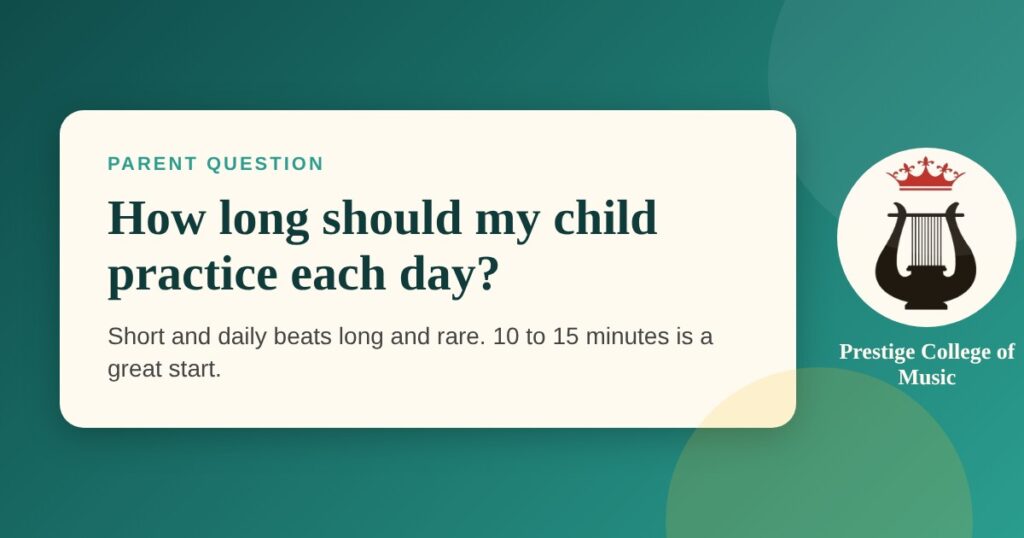 Graphic asking how long a child should practice an instrument each day, with Prestige College of Music logo